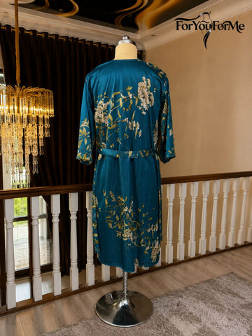 11003-Black Floral Satin Nightwear Robe Set for Women