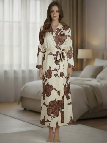 11019- Women Cream & Brown Floral Print Wrap Style Lounge Night Gown With Tie-Up Belt