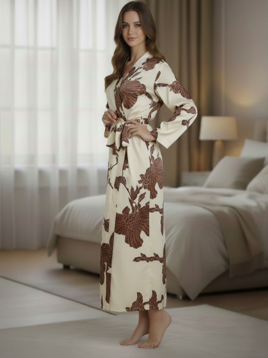 11019- Women Cream & Brown Floral Print Wrap Style Lounge Night Gown With Tie-Up Belt