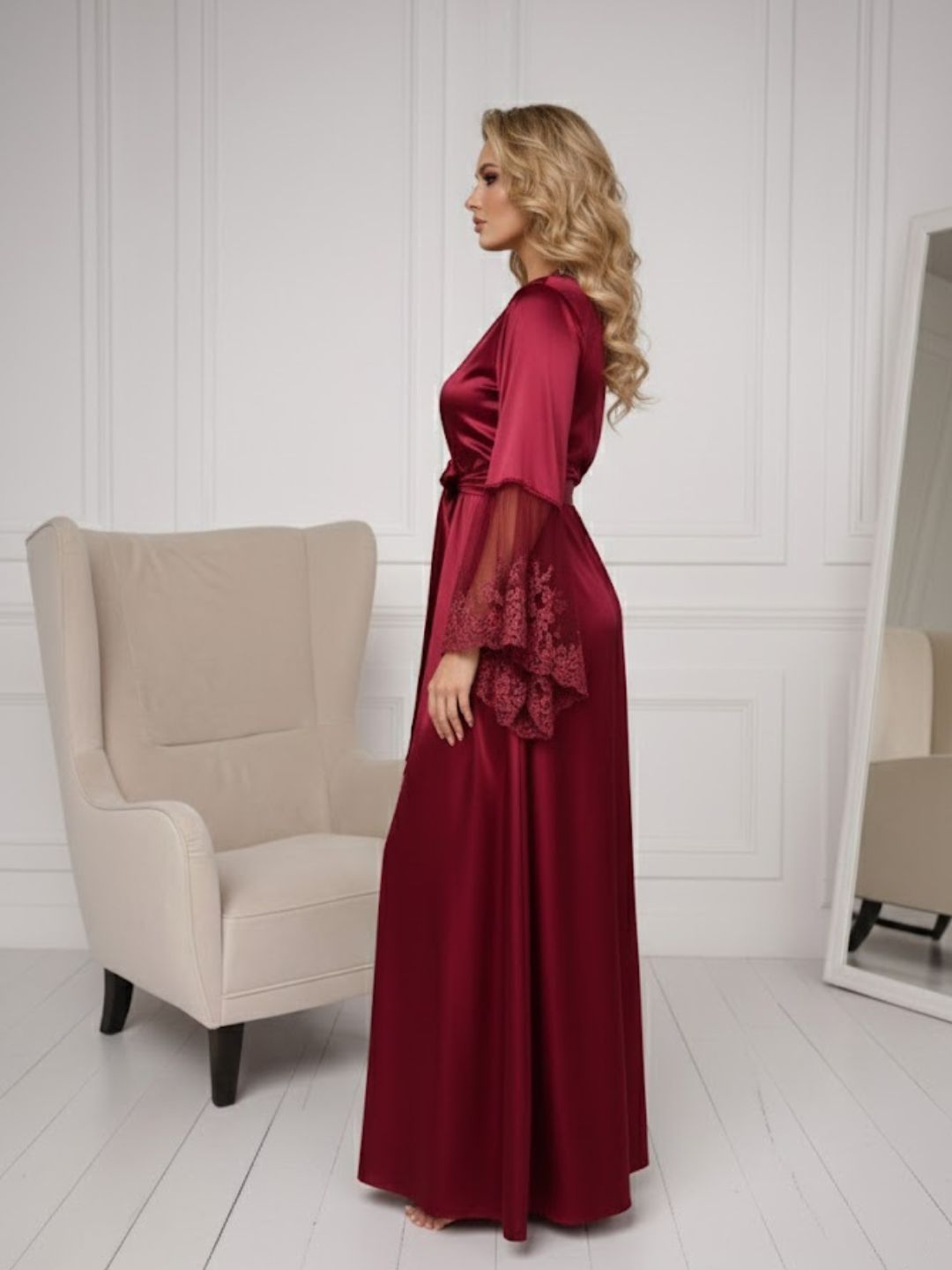 11028-Elegant Lace Trim Bridal Robe with Flared Sleeves