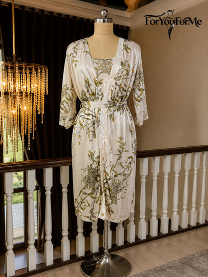 11003-Black Floral Satin Nightwear Robe Set for Women