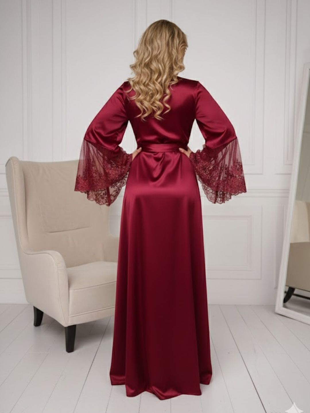 11028-Elegant Lace Trim Bridal Robe with Flared Sleeves