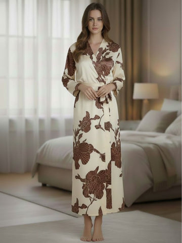 11019- Women Cream & Brown Floral Print Wrap Style Lounge Night Gown With Tie-Up Belt