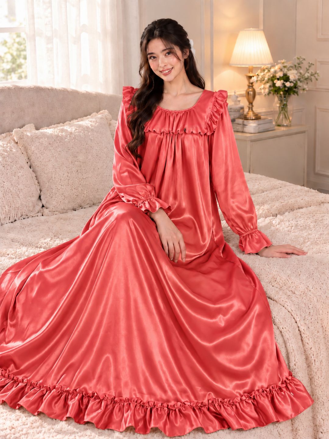 11063-Womens Satin Ruffled Full Length Nightdress
