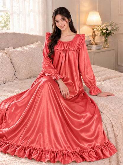 11063-Womens Satin Ruffled Full Length Nightdress