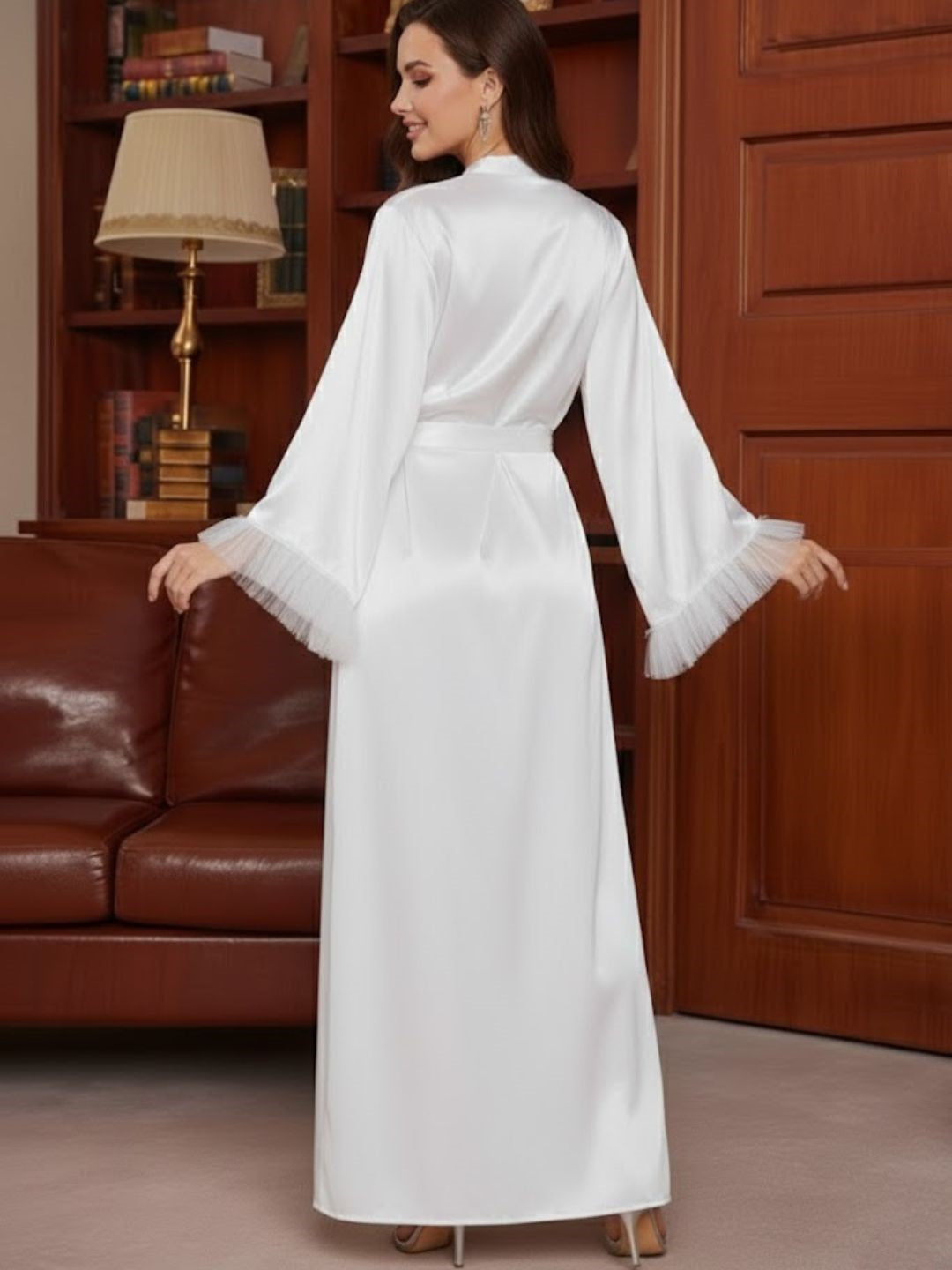 11035 - Women Luxe Coffee Satin Dressing Gown with Feather Sleeves