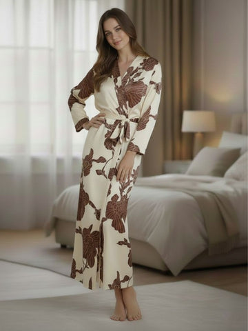 11019- Women Cream & Brown Floral Print Wrap Style Lounge Night Gown With Tie-Up Belt