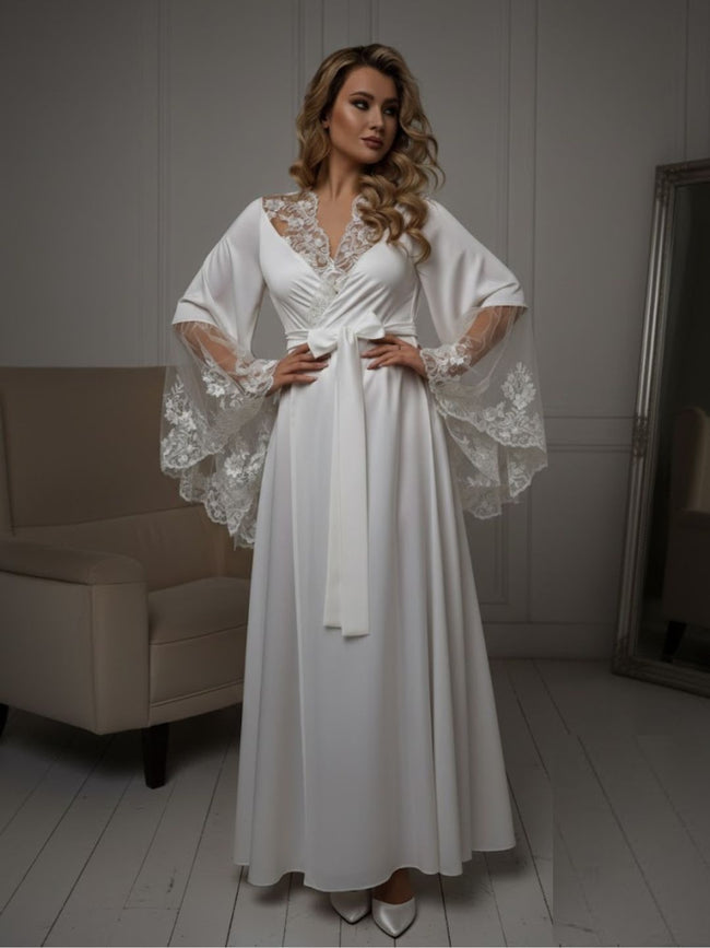 11028-Elegant Lace Trim Bridal Robe with Flared Sleeves