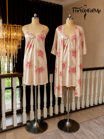 11004-Premium Pink Floral Satin Nightwear Robe Set for Women