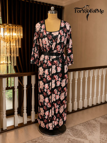 11051-Womens Black Floral Printed Nightdress with Robe