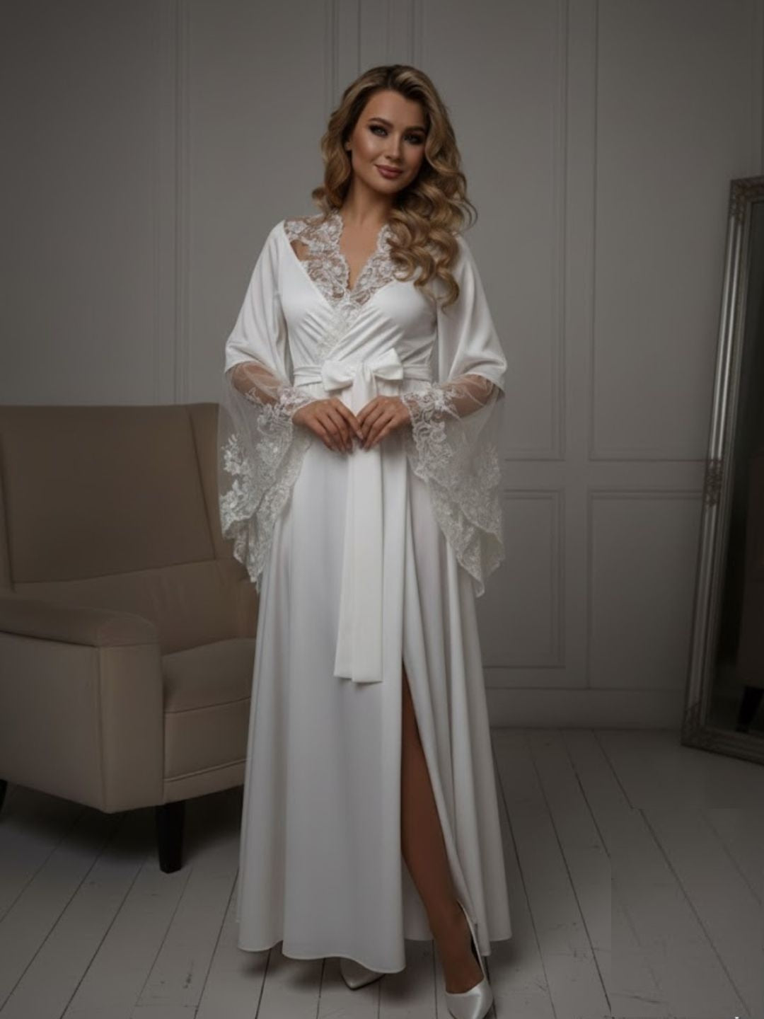 11028-Black Elegant Lace Trim Bridal Robe with Flared Sleeves