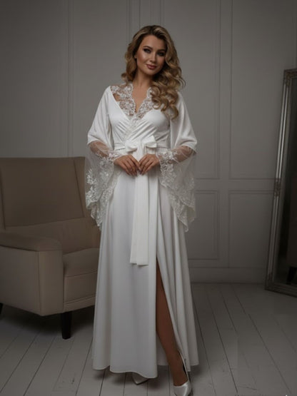 11028-Black Elegant Lace Trim Bridal Robe with Flared Sleeves