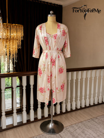 11004-Premium Pink Floral Satin Nightwear Robe Set for Women