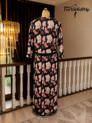 11051-Womens Black Floral Printed Nightdress with Robe