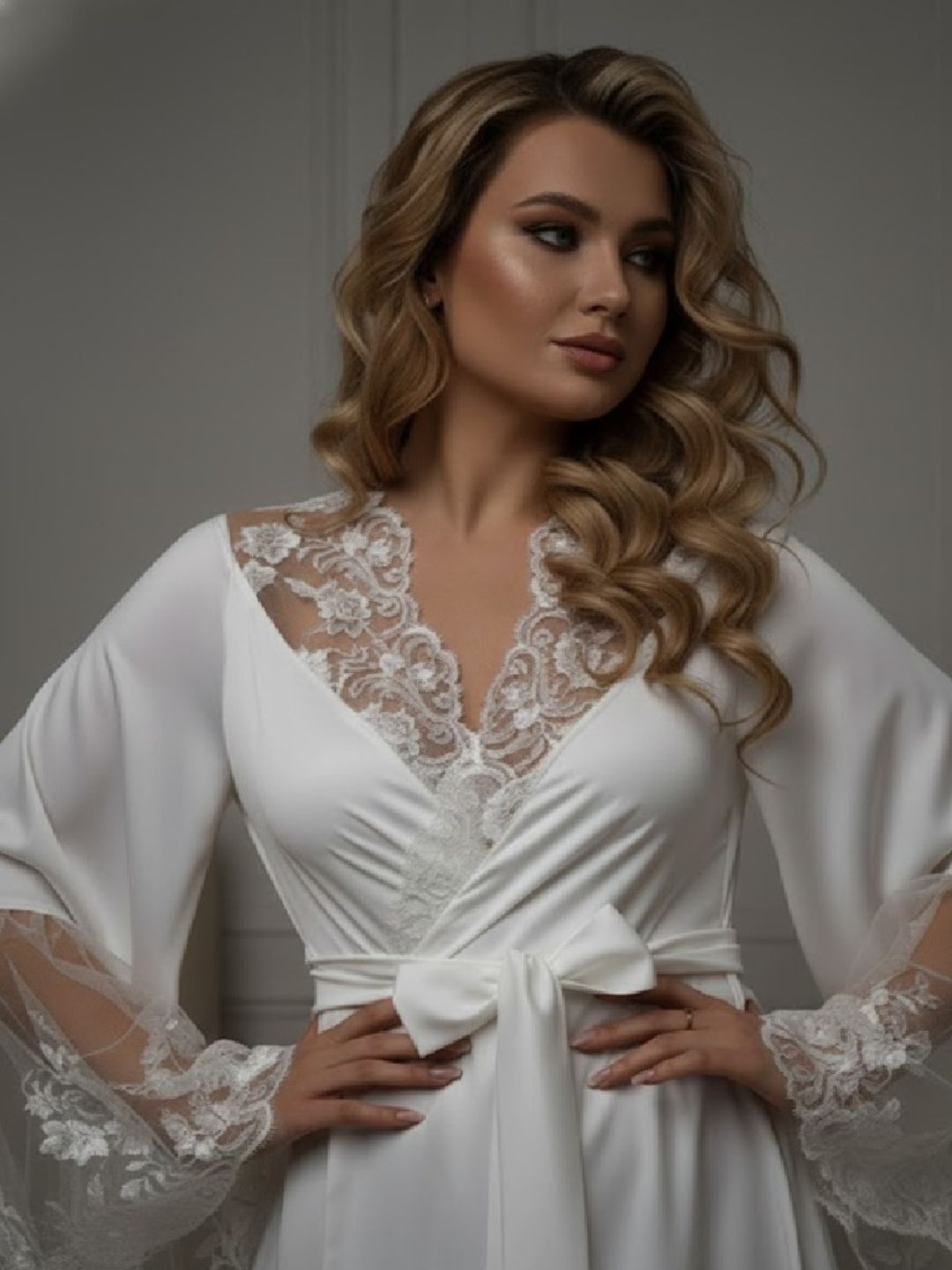 11028-Elegant Lace Trim Bridal Robe with Flared Sleeves