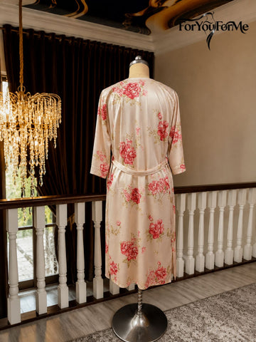 11004-Premium Pink Floral Satin Nightwear Robe Set for Women