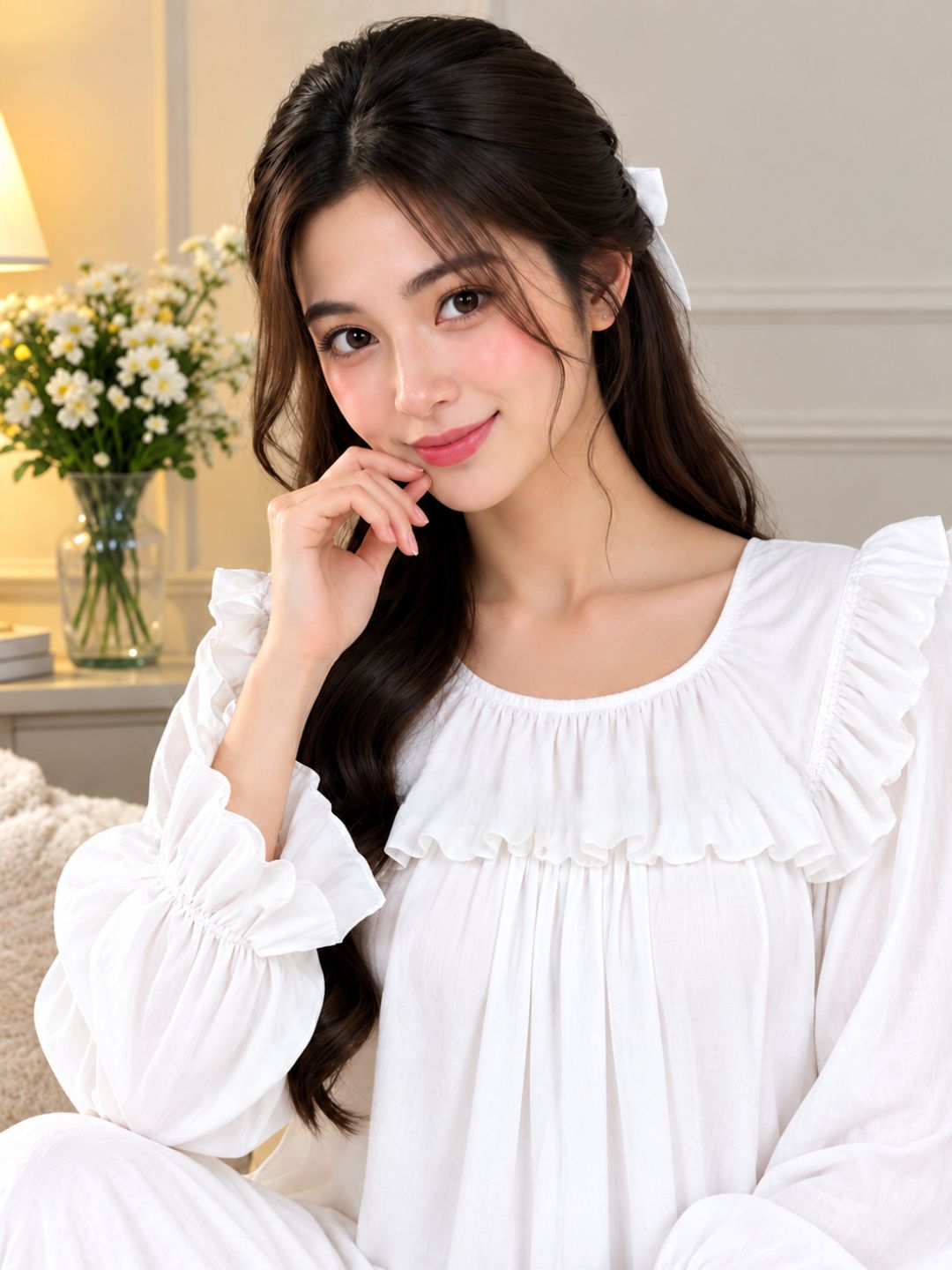 11063-Womens Satin Ruffled Full Length Nightdress