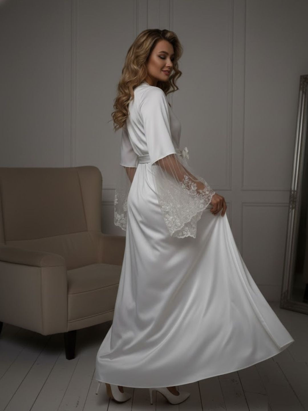 11028-Black Elegant Lace Trim Bridal Robe with Flared Sleeves