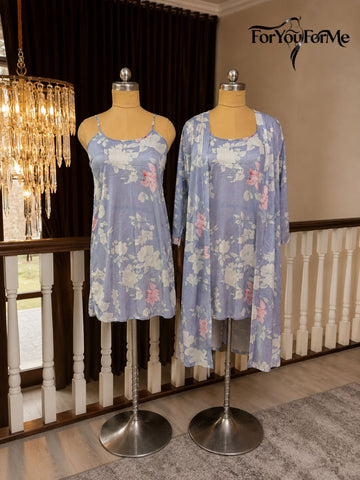 11004-Premium Pink Floral Satin Nightwear Robe Set for Women