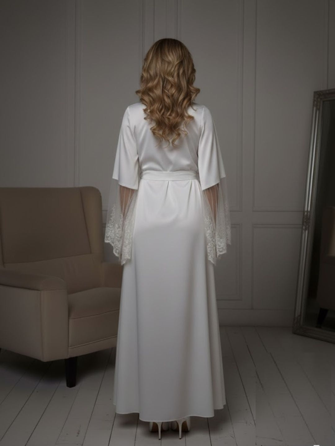 11028-Black Elegant Lace Trim Bridal Robe with Flared Sleeves