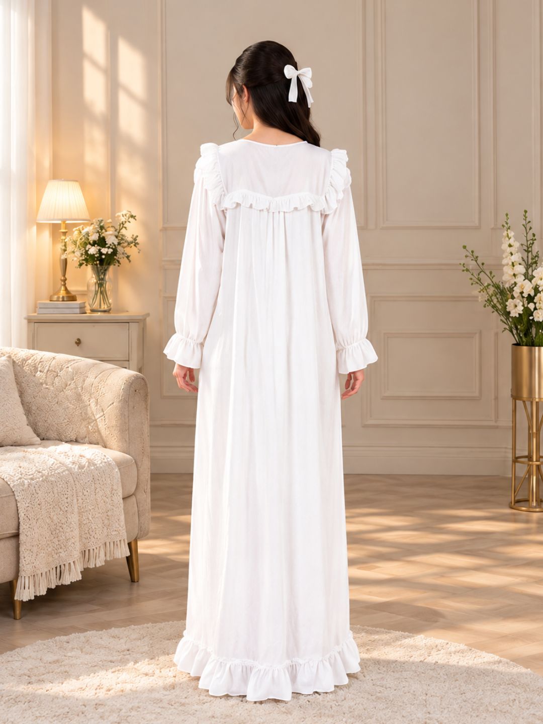 11063-Womens Satin Ruffled Full Length Nightdress