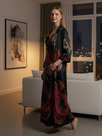 980 - Women Black & Red Paisley Printed Satin Nightdress with Long Robe