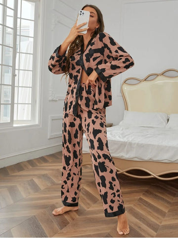 11026 - Women Brown & Black Animal Print Button-Down Night Suit