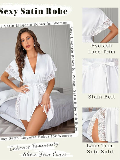 201 White-Women's Satin Short Robe with Lace Trim