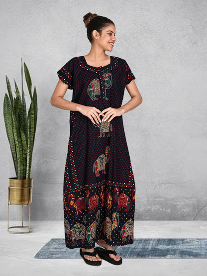 1450-Women's Pure Cotton Blended Printed Maxi Dress for Daily & Night Wear Floral Nighty
