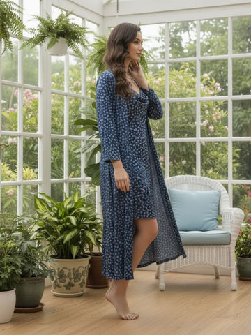 11008-Navy Blue Floral Satin Nightwear Set with Long Robe and Cowl Neck Slip Dress for Women
