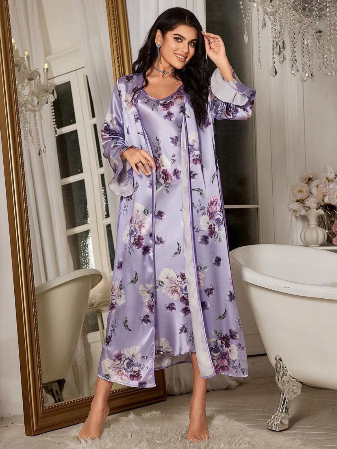 11001-Green Floral Satin Nightdress with Robe