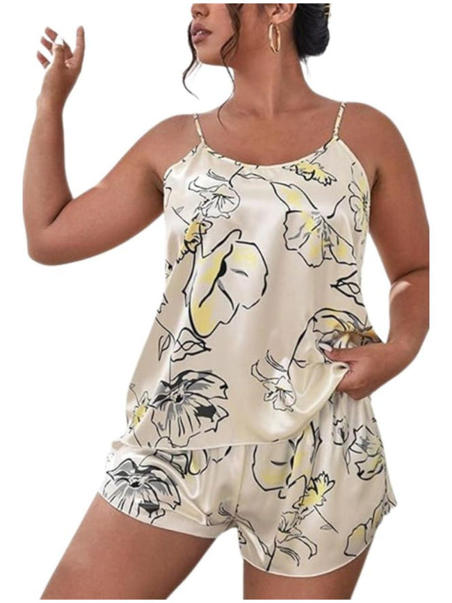 37-Celestial Print Satin Camisole & Shorts Nightwear Set