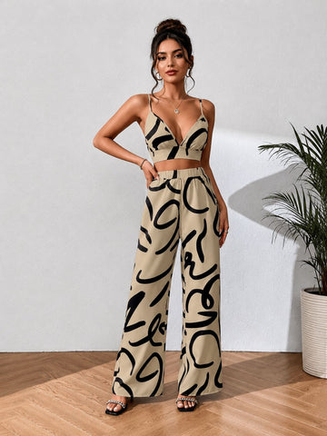 11053-Women Beige & Black Abstract Printed Three-Piece Co-Ord Set