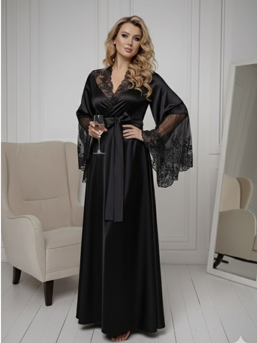 11028-Black Elegant Lace Trim Bridal Robe with Flared Sleeves