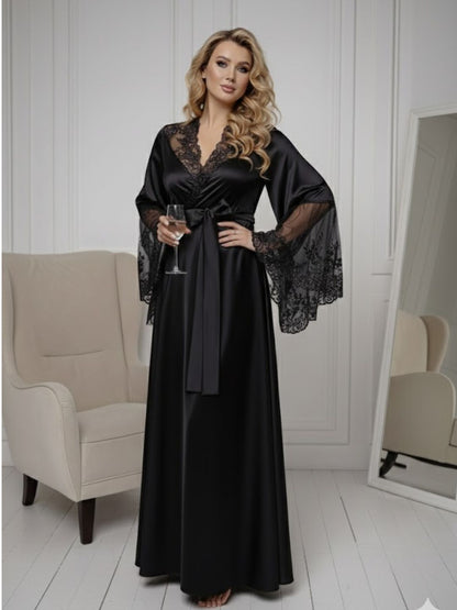 11028-Black Elegant Lace Trim Bridal Robe with Flared Sleeves