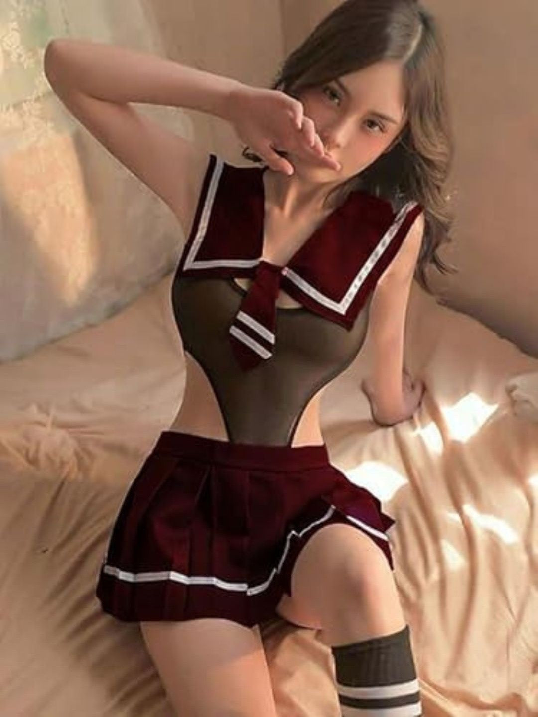 140-Black Sheer Mesh Schoolgirl-Inspired Babydoll Set