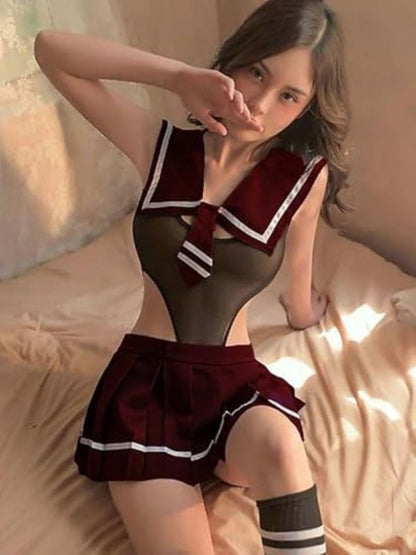 140-Black Sheer Mesh Schoolgirl-Inspired Babydoll Set