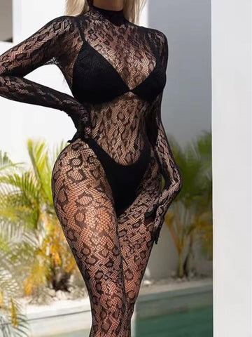 8011-Women’s Black Sheer Nylon Stocking Bodysuit