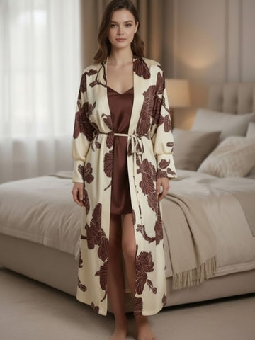 11020- Women Brown Satin Slip Dress with Floral Print Long Robe Nightwear Set