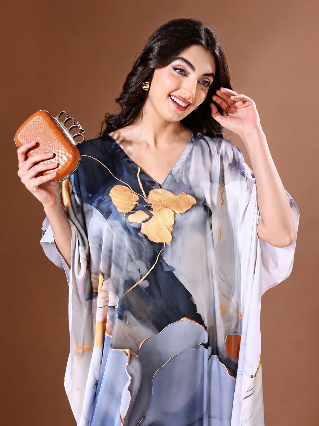 11057-Women Floral Printed Satin Kaftan Dress