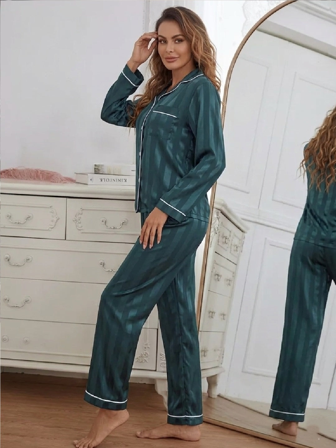 11013-Women Satin Finish Shirt & Pyjama Night Suit Set