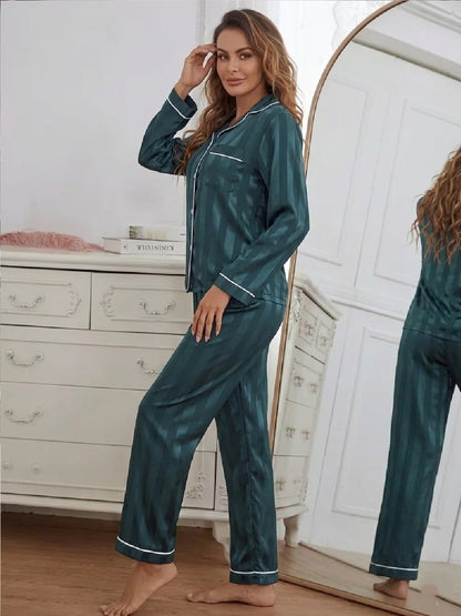 11013-Women Satin Finish Shirt & Pyjama Night Suit Set
