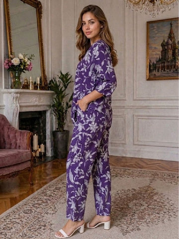 11055-Women White Floral Printed Night Suit Set