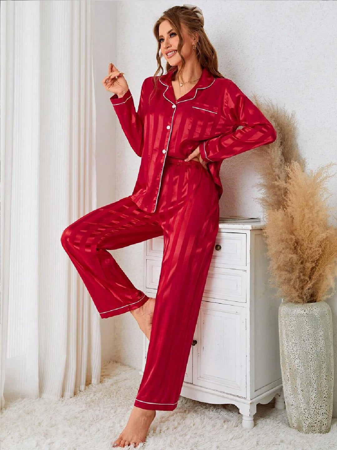 11013-Women Black Satin Finish Shirt & Pyjama Night Suit Set