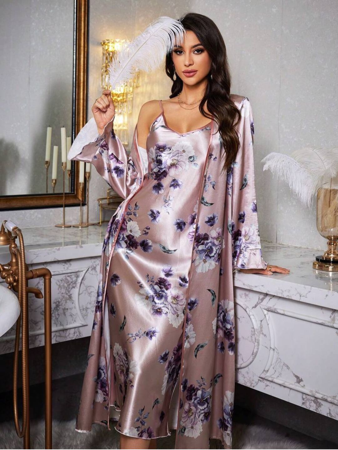 11001-Purple Floral Satin Nightdress with Robe