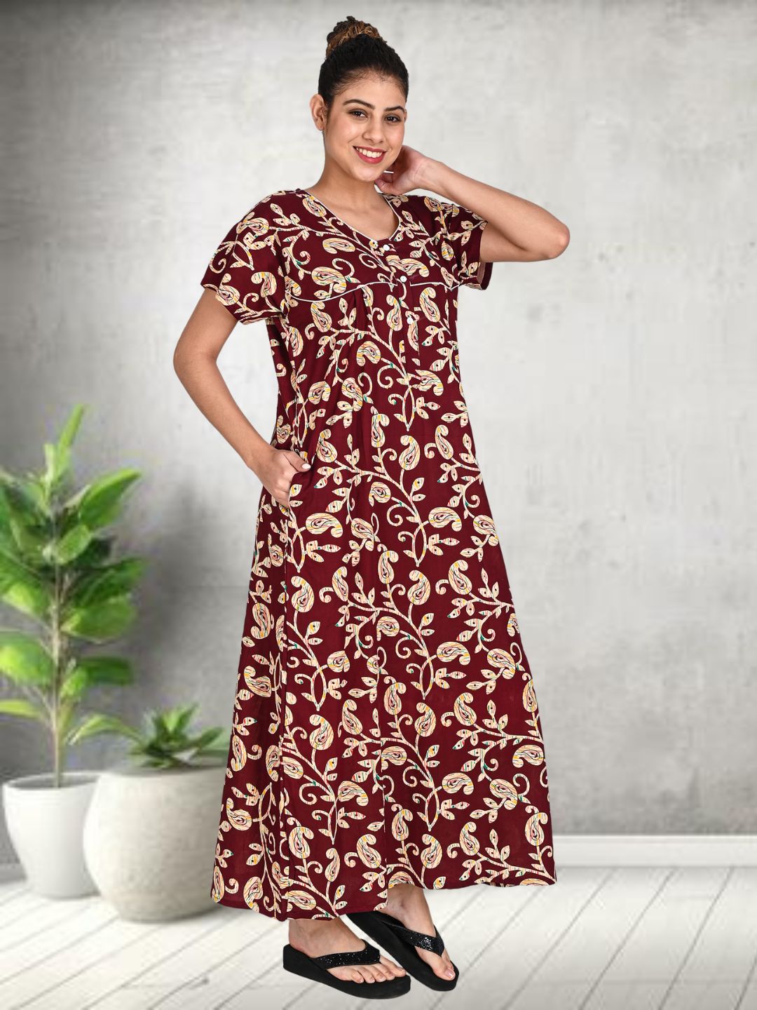 1950-Women's Pure Cotton Blended Printed Maxi Dress for Daily & Night Wear Floral Nighty