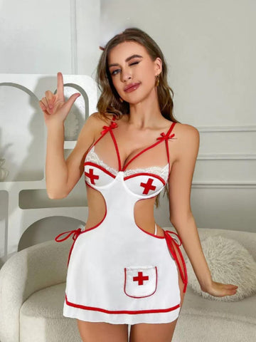 146 - Women White & Red Lace Detail Cut-Out Babydoll Dress