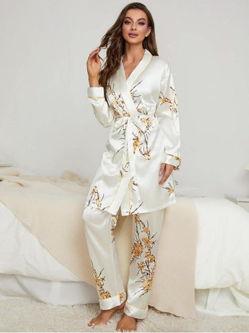 11009-YELLOW Women’s Satin Floral Pajama Set with Matching Robe – Luxury Sleepwear Loungewear Set