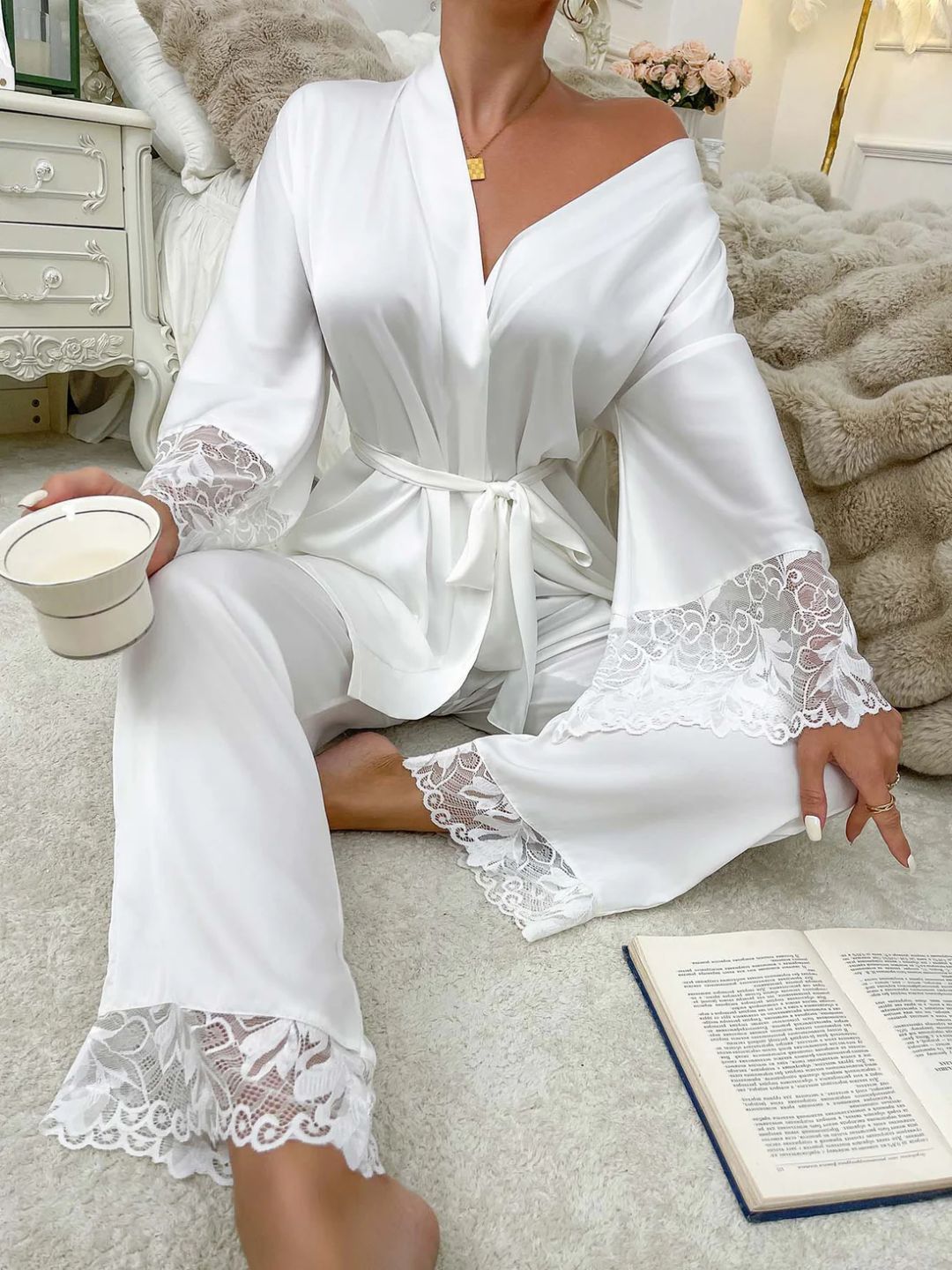 11002-White Satin Nightwear Set with Lace Trim | Luxury Sleepwear For Women
