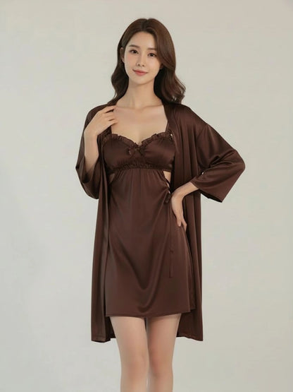11036 - Women Satin Nightdress with Lace-Up Detail & Robe Set